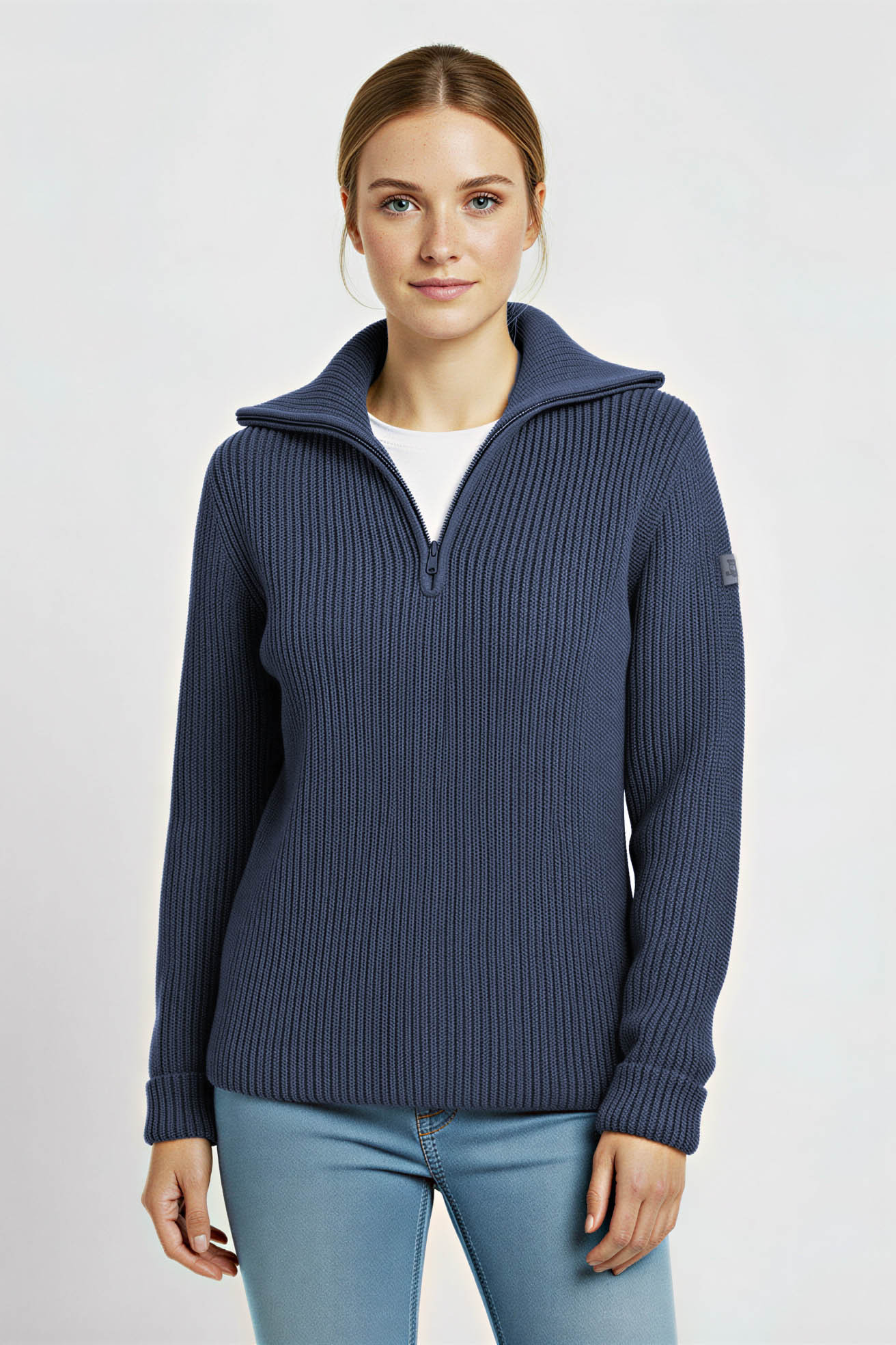 Damen Troyer Merino Jeans Blau GOTS