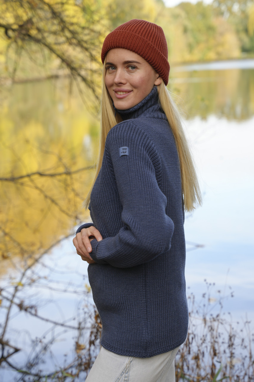 Damen Troyer Merino Jeans Blau GOTS