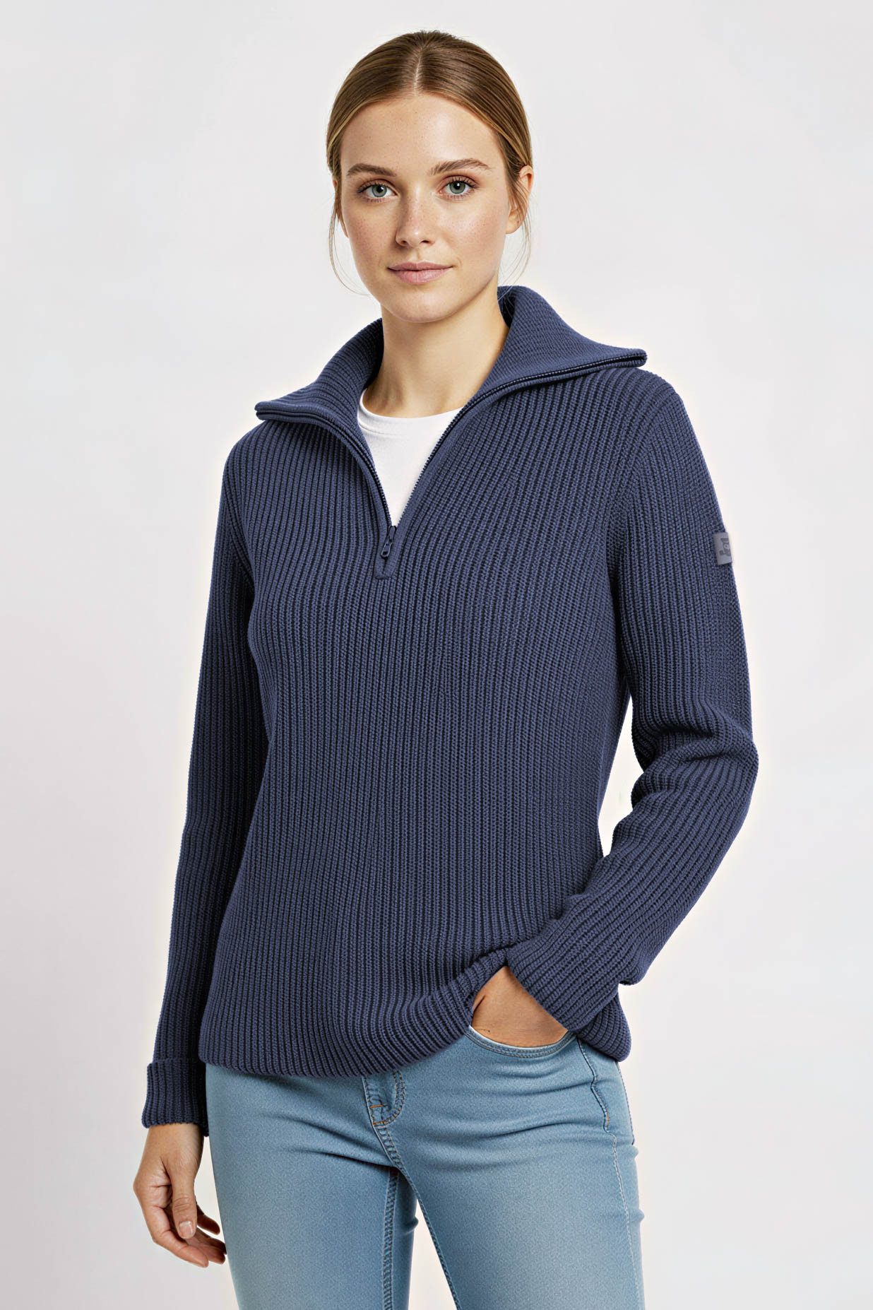 Damen Troyer Merino Jeans Blau GOTS